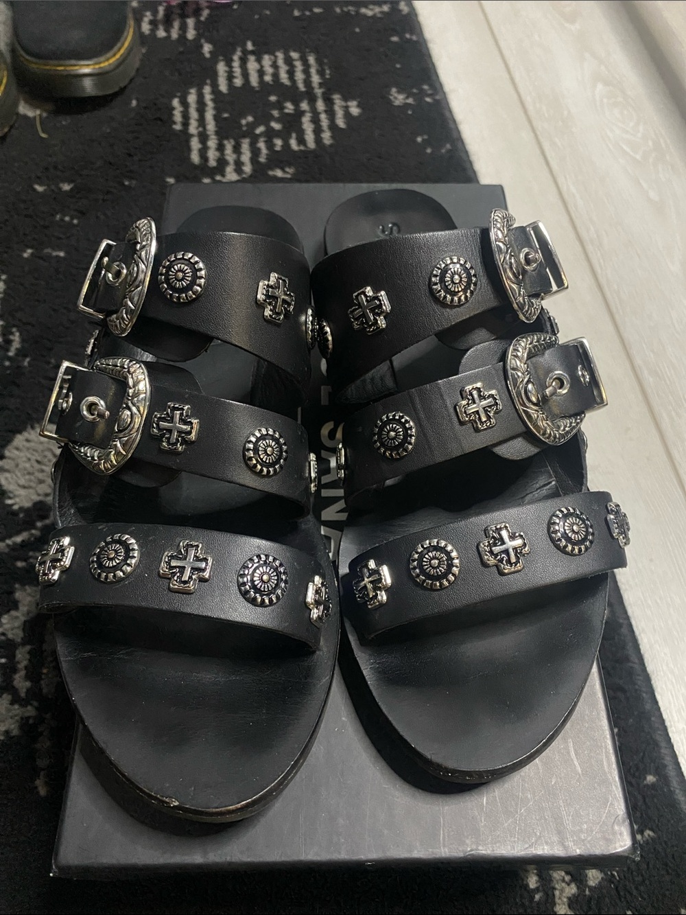 Sol Sana Black Leather Triple-Strap Slide Sandals with Silver Studs